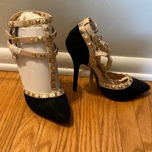 Wild Diva Black and Nude Studded Strappy Stiletto Pumps